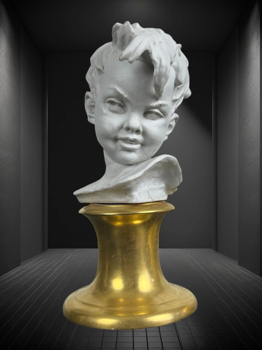 Pair Of Biscuit Child Busts Signed Bruno Merli On Porcelain Base-photo-7