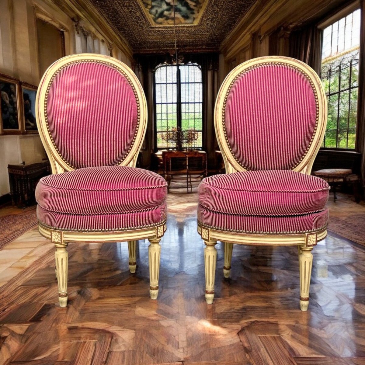 Pair Of Antique Louis XVI Style Fireside Chairs Well Upholstered With Fabric-photo-2