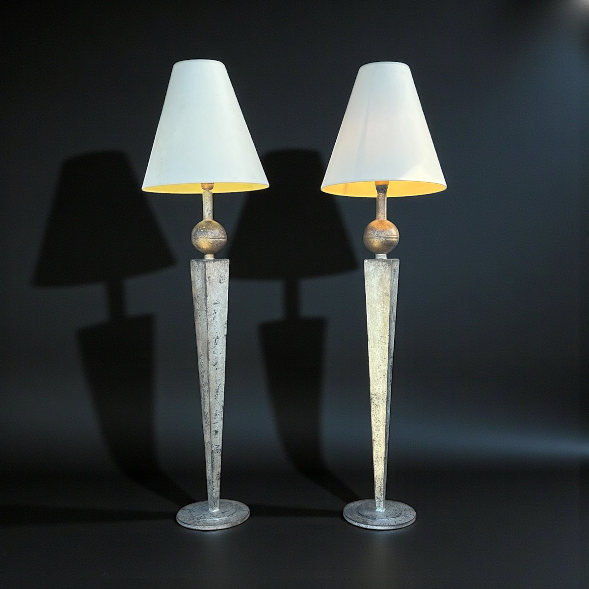 Large Pair Of 1.30 Meter High Silver Metal Lamps From The 70s