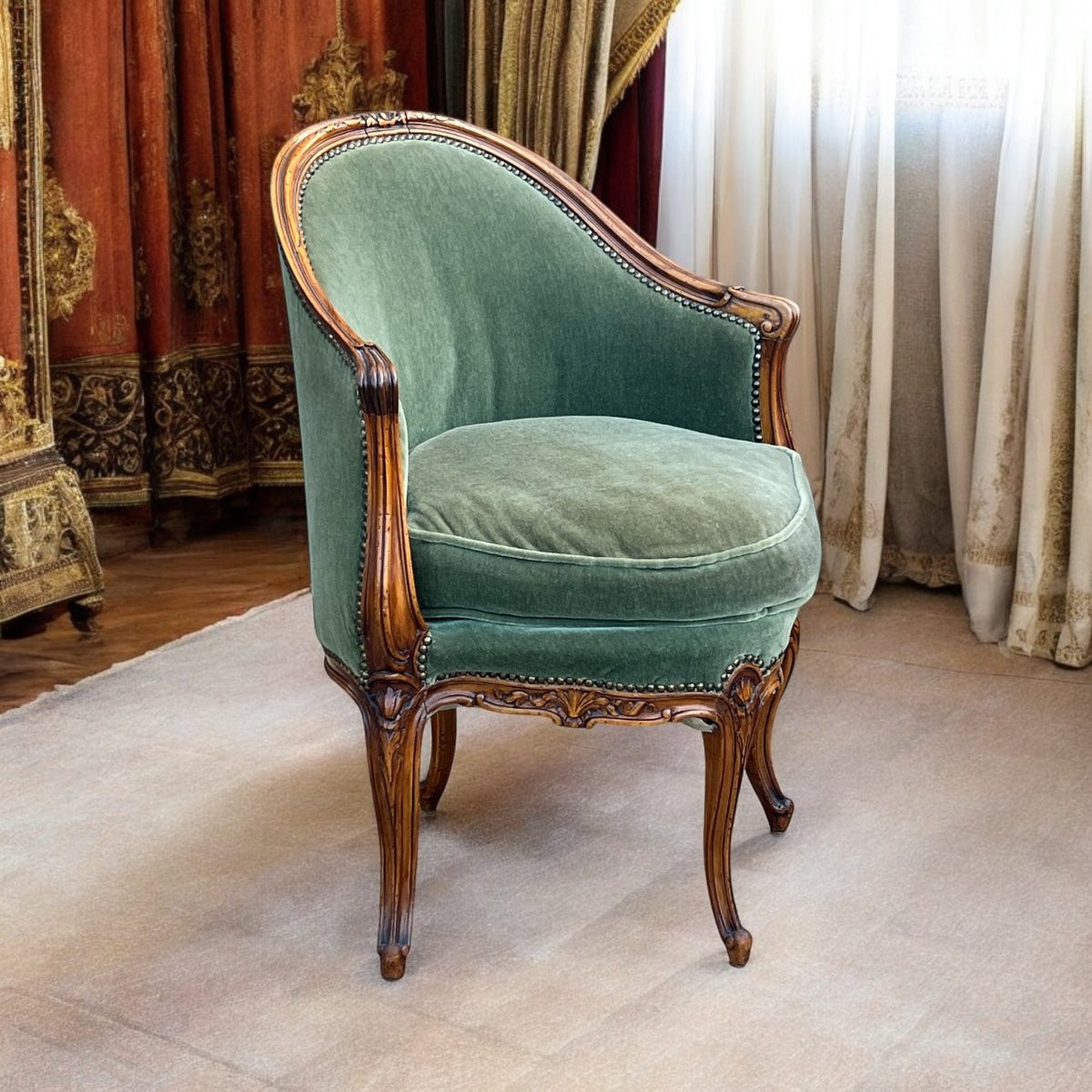 Fauteuil De Bureau ( Dit Couillard )de Style Louis XV Recouvert De Velours Vert-photo-2