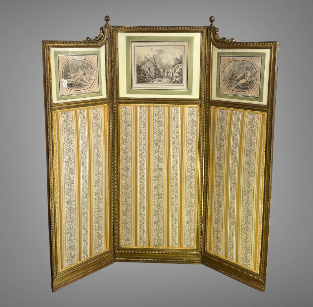 Antique 3-leaf Screen In Carved And Gilded Wood Decorated With 19th Century Engravings-photo-2