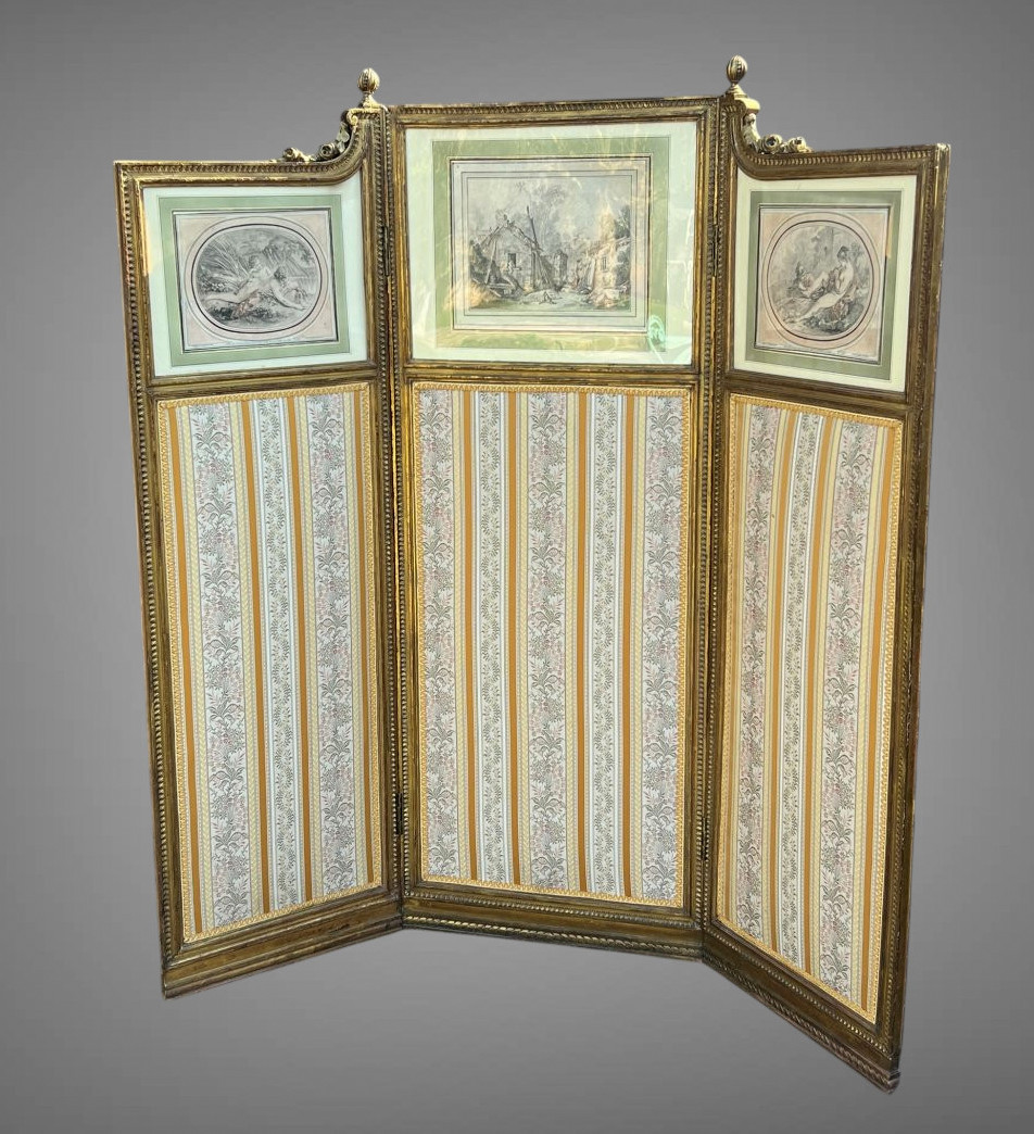 Antique 3-leaf Screen In Carved And Gilded Wood Decorated With 19th Century Engravings-photo-3