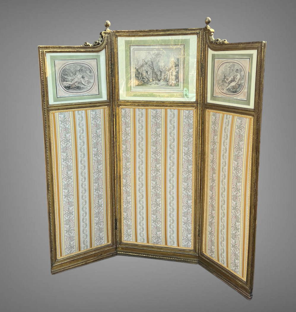 Antique 3-leaf Screen In Carved And Gilded Wood Decorated With 19th Century Engravings