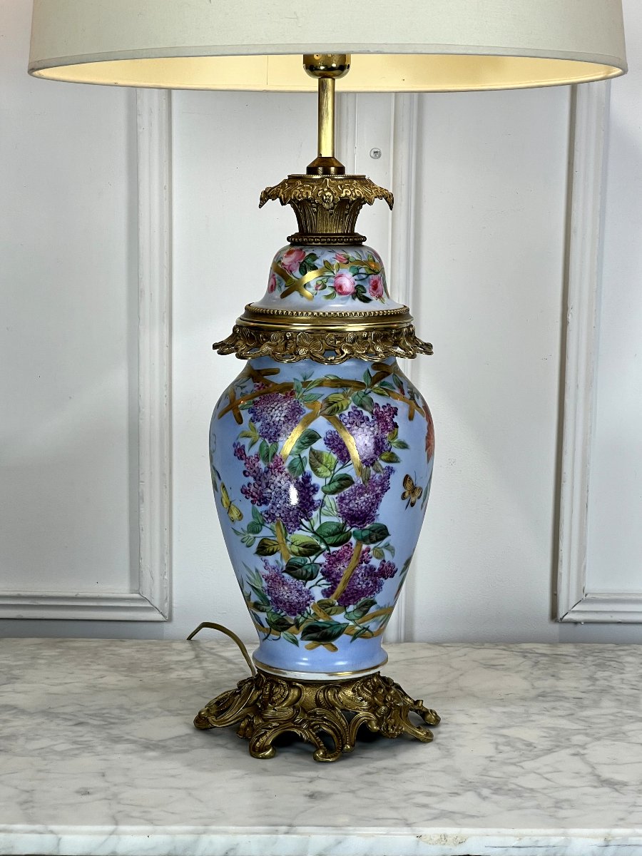 Large Antique Paris Porcelain Lamp With 3 Floral Decors And Bronze Decorations-photo-2