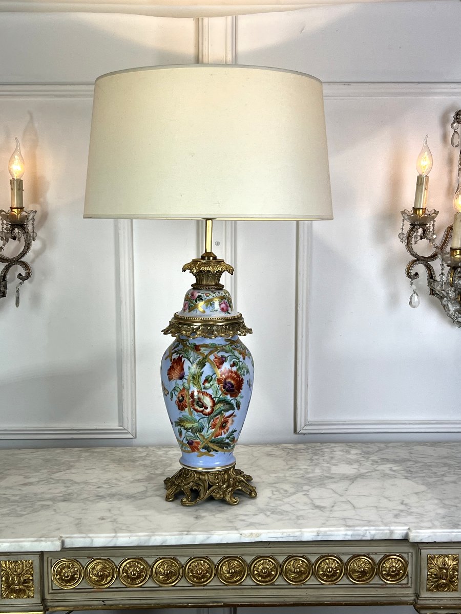 Large Antique Paris Porcelain Lamp With 3 Floral Decors And Bronze Decorations-photo-1