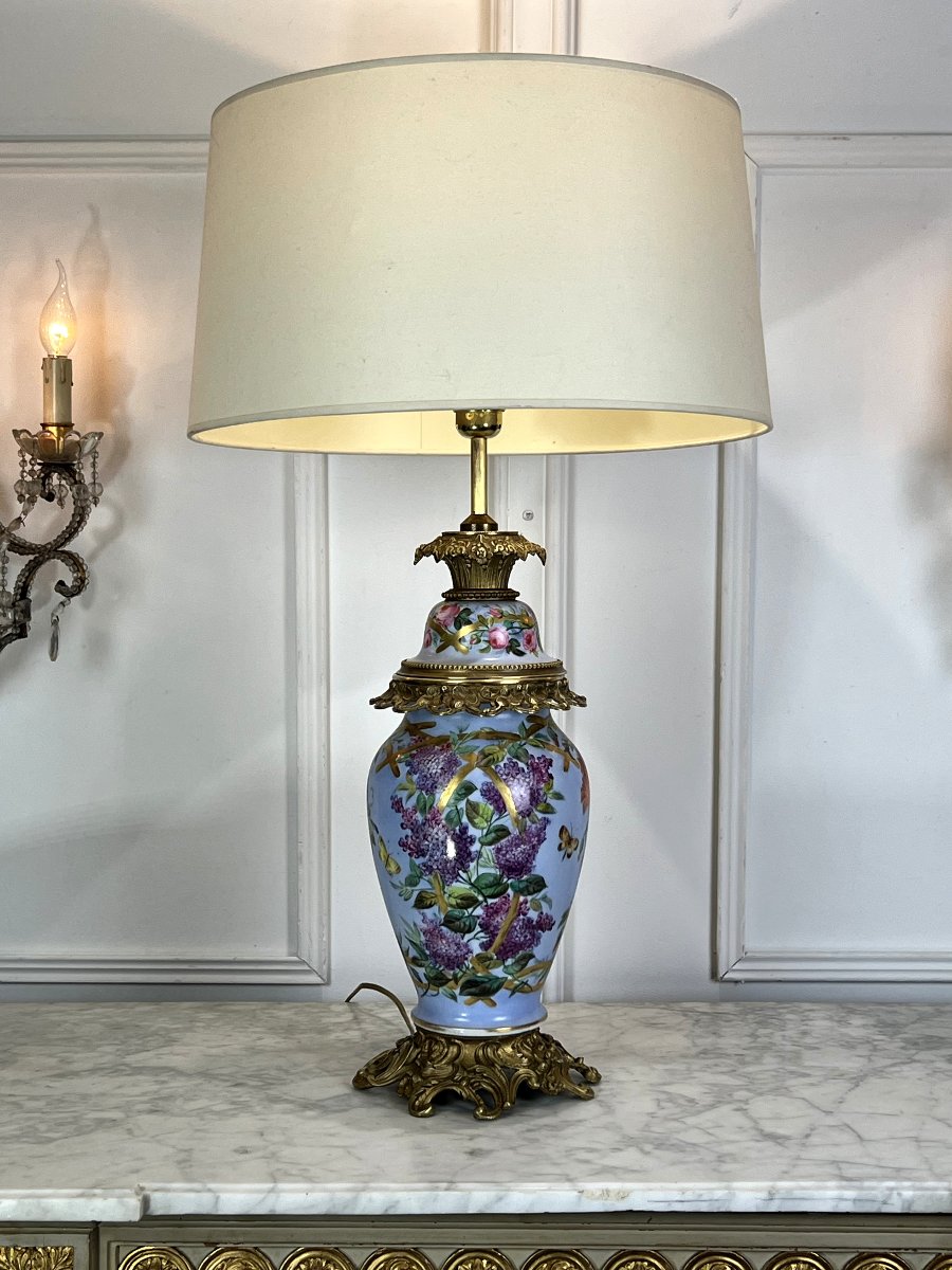 Large Antique Paris Porcelain Lamp With 3 Floral Decors And Bronze Decorations-photo-2