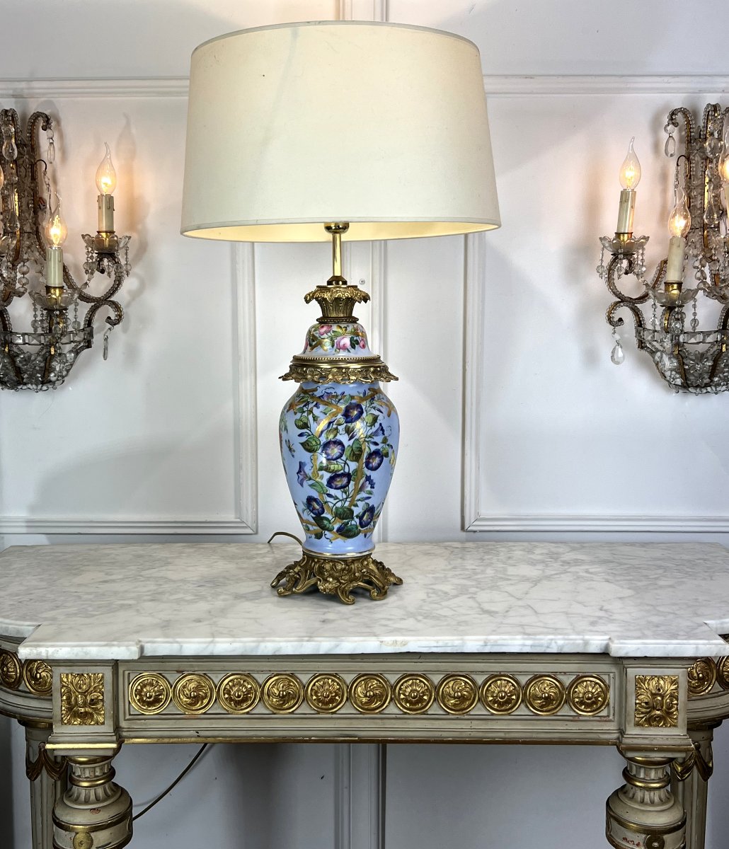 Large Antique Paris Porcelain Lamp With 3 Floral Decors And Bronze Decorations-photo-3