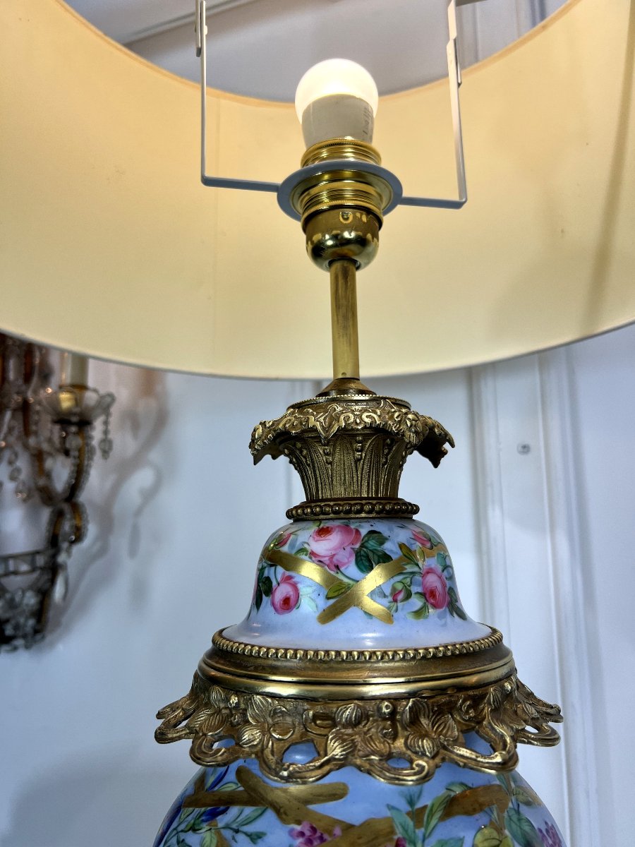 Large Antique Paris Porcelain Lamp With 3 Floral Decors And Bronze Decorations-photo-7