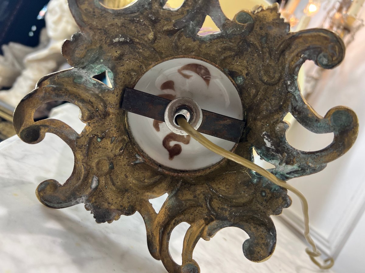 Large Antique Paris Porcelain Lamp With 3 Floral Decors And Bronze Decorations-photo-8