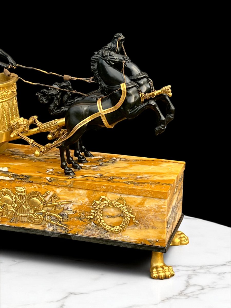 Empire Clock In Bronze With 2 Patinas And Siena Marble "chariot Clock 1880"-photo-4