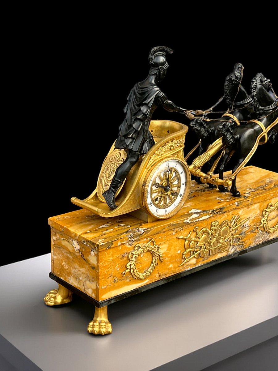 Empire Clock In Bronze With 2 Patinas And Siena Marble "chariot Clock 1880"-photo-7