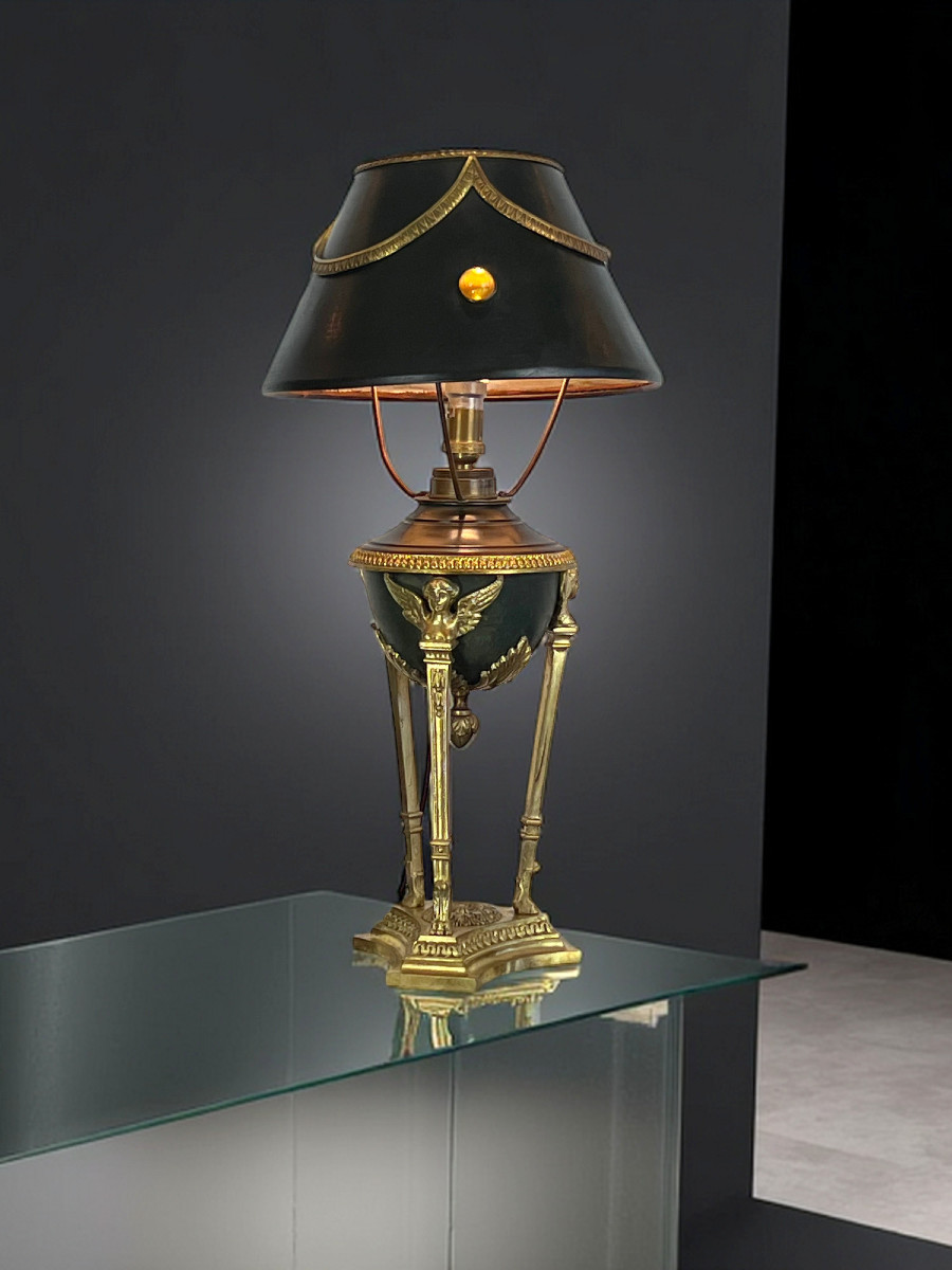 Lampe Ancienne De Style Empire En Bronze Et Laiton Avec Abat Jour En Tôle Décoré-photo-2