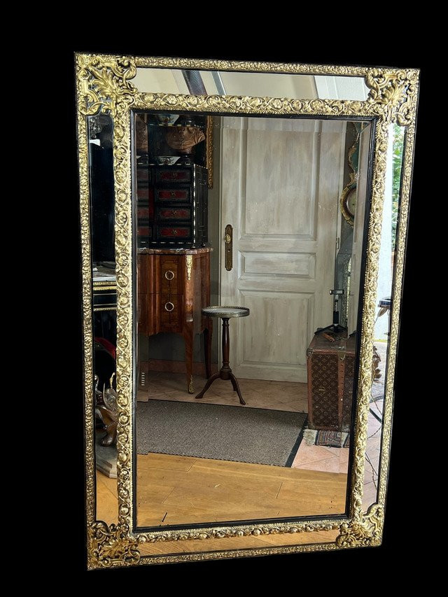 Large Mirror With Parecloses In Repoussé Brass, Napoleon III Period, 1.50 M High-photo-2