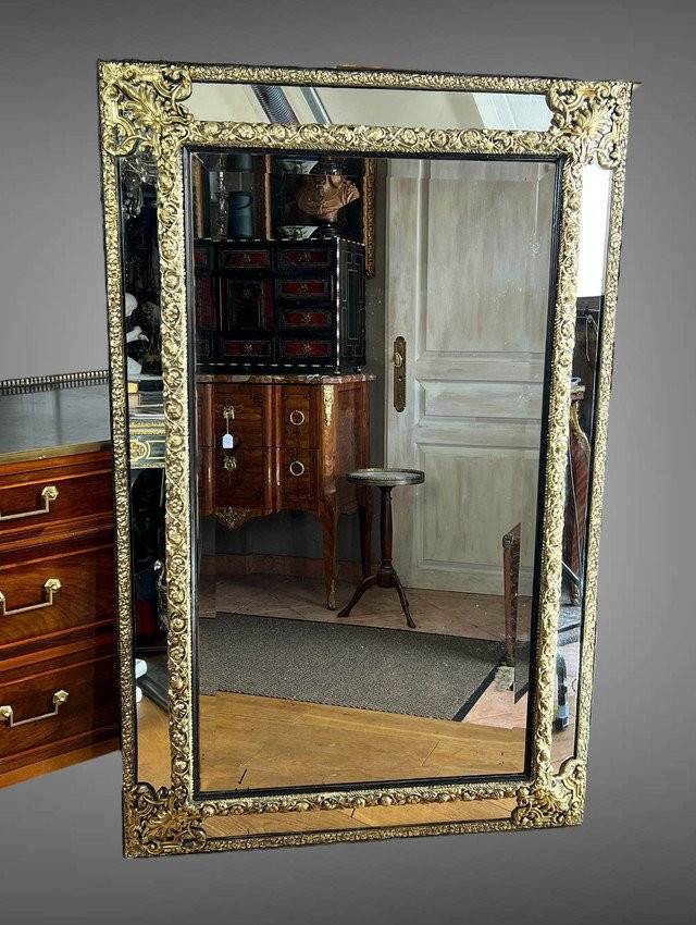 Large Mirror With Parecloses In Repoussé Brass, Napoleon III Period, 1.50 M High-photo-1