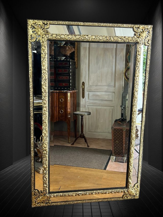 Large Mirror With Parecloses In Repoussé Brass, Napoleon III Period, 1.50 M High-photo-4