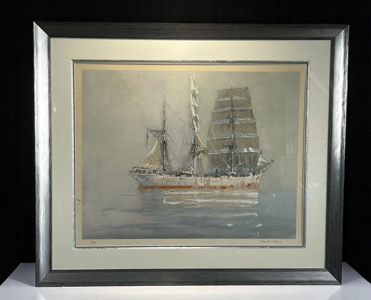 Marin-marie 1901-1987 Large Lithograph "three Masts On A Calm Sea"-photo-2