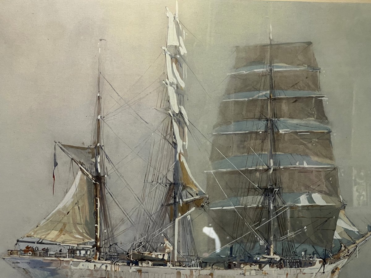 Marin-marie 1901-1987 Large Lithograph "three Masts On A Calm Sea"-photo-2