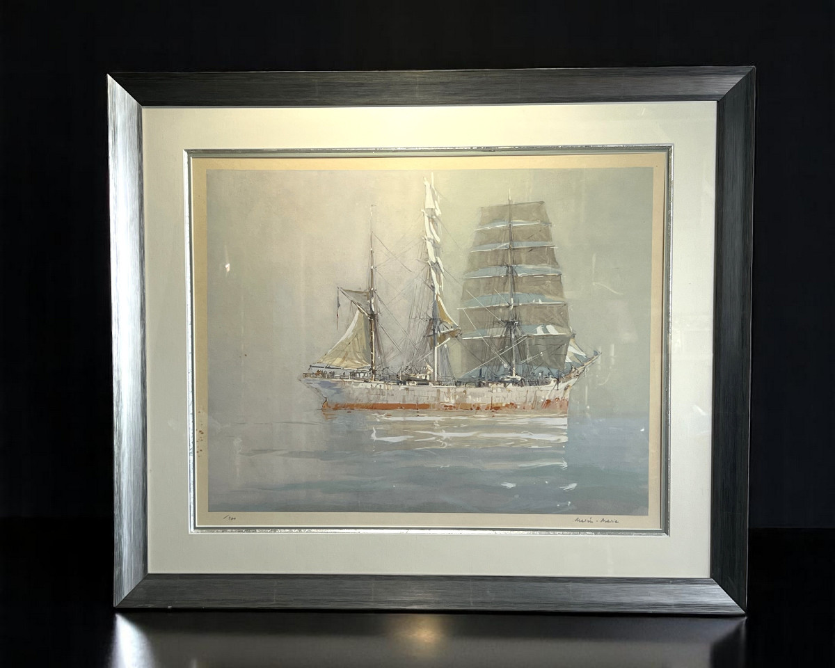Marin-marie 1901-1987 Large Lithograph "three Masts On A Calm Sea"