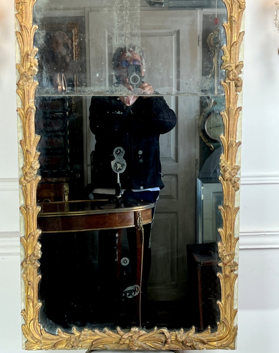 Miroir XVIIIe Epoque Louis XV En Bois Sculpté Avec Miroir Au Mercure En 2 Partis-photo-4