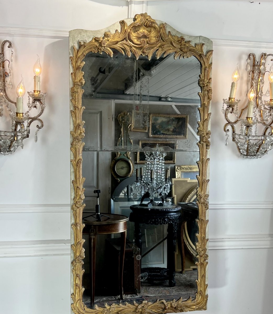 Miroir XVIIIe Epoque Louis XV En Bois Sculpté Avec Miroir Au Mercure En 2 Partis-photo-6