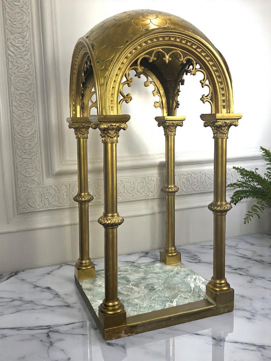 Large 19th Century Dome In Gilded Bronze Resting On 4 Corinthian Columns-photo-3