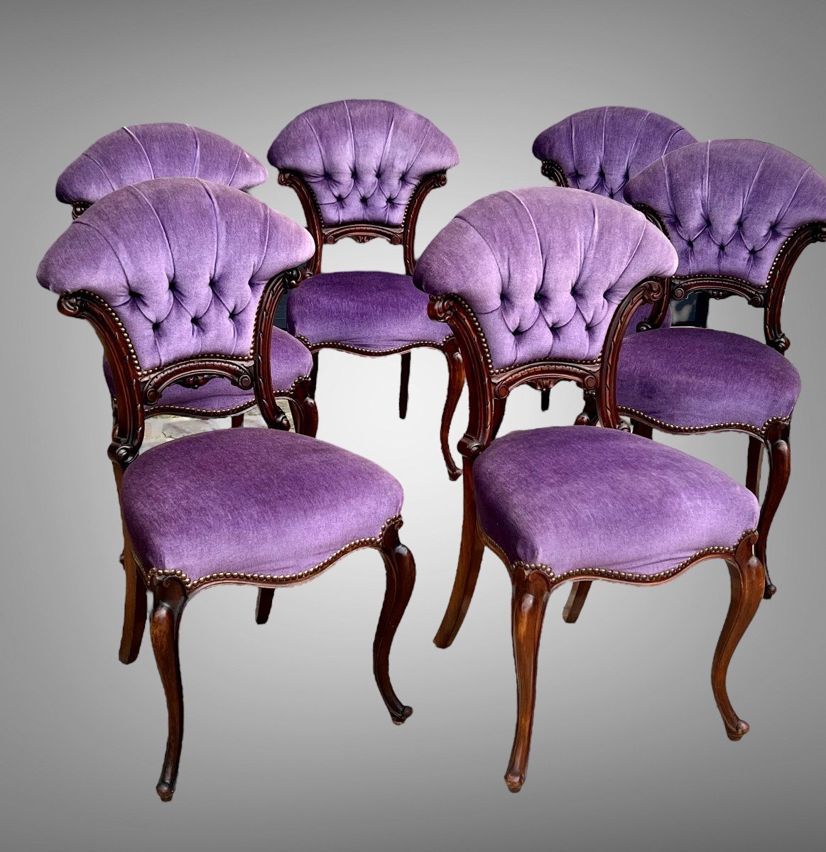 Six Mahogany Cabaret Chairs With Fan Backs And Velvet Upholstery -photo-3