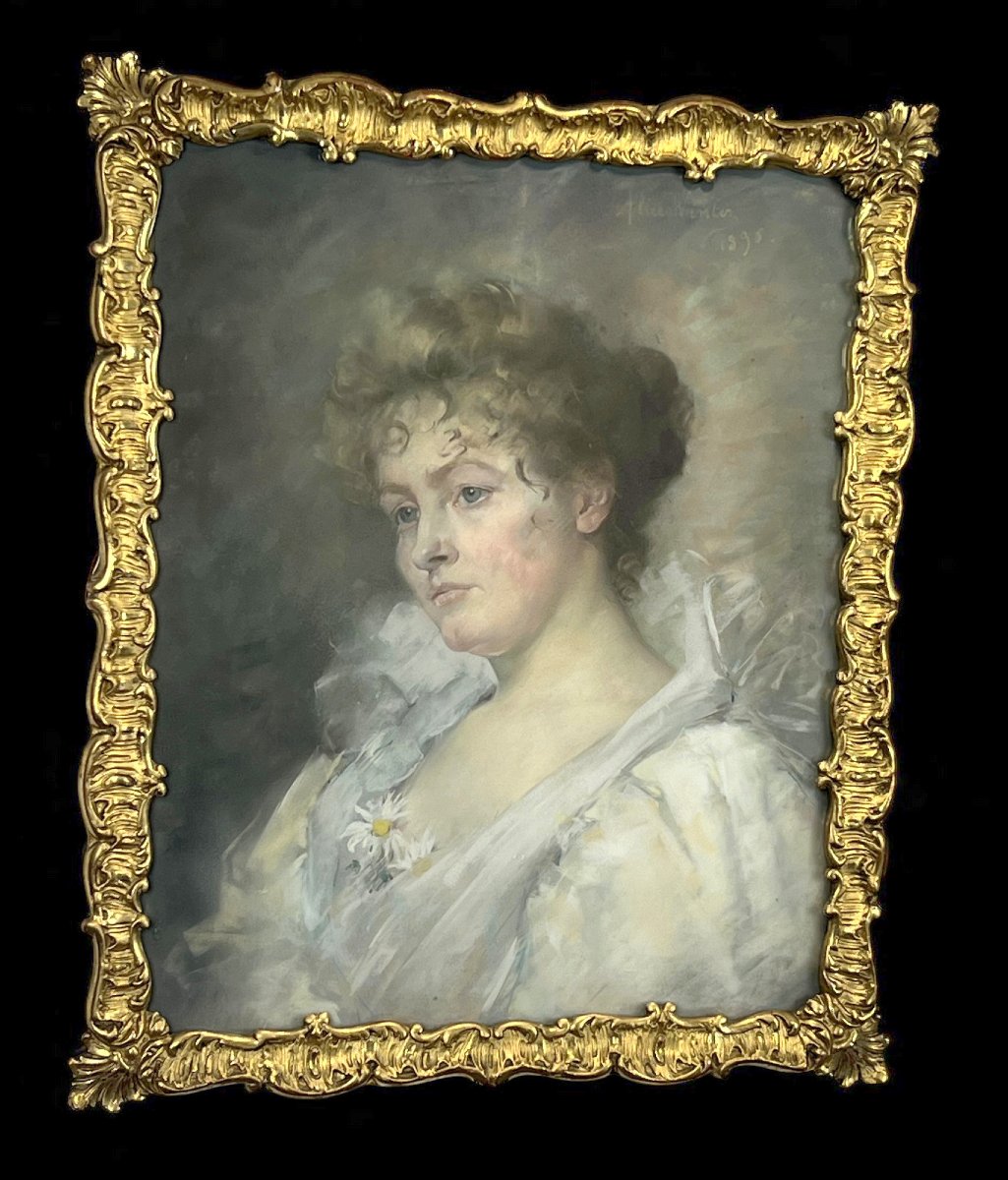 Pastel Sous Verre Encadré Du XIXe Representant Un Portrait De Femme Elegante-photo-2