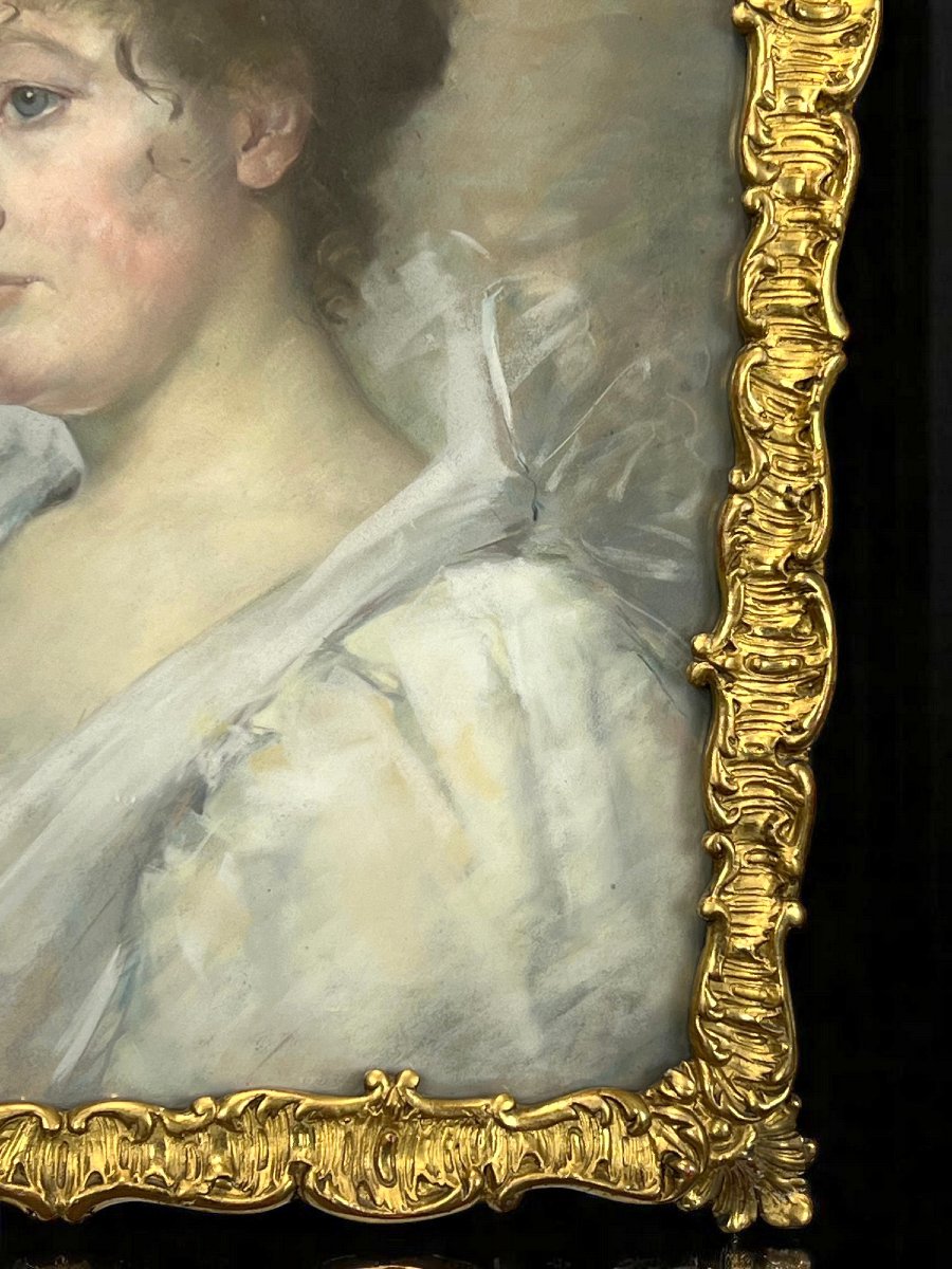 Pastel Sous Verre Encadré Du XIXe Representant Un Portrait De Femme Elegante-photo-5