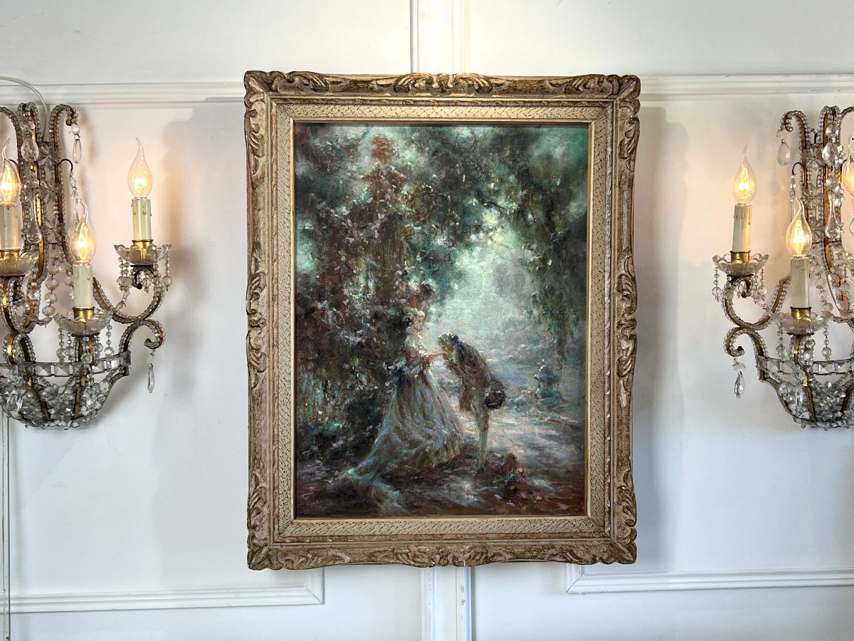 Painting / Pastel Under Glass By G. Stelly-desmoulins (19th-20th Centuries) "scene Galante"-photo-2