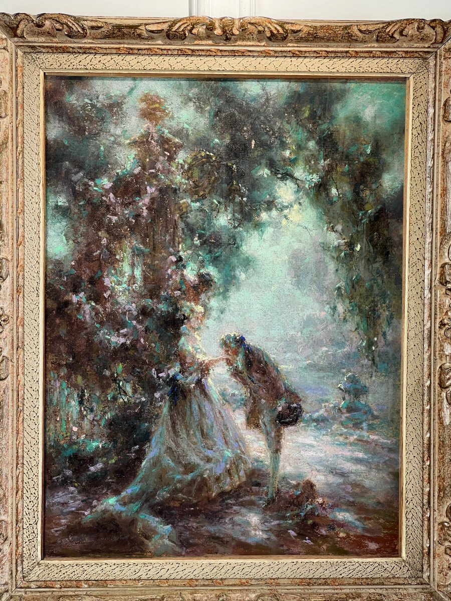 Painting / Pastel Under Glass By G. Stelly-desmoulins (19th-20th Centuries) "scene Galante"-photo-3