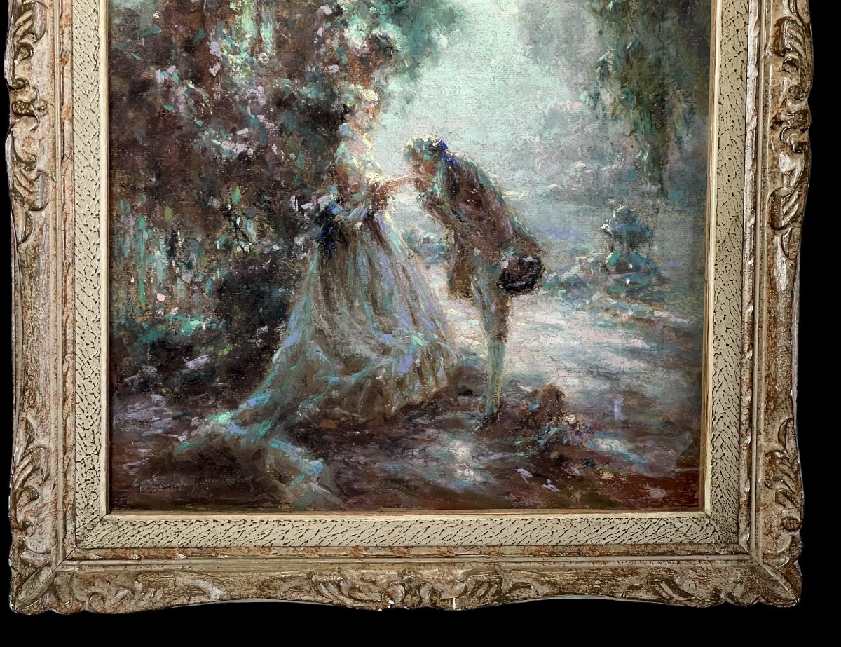 Painting / Pastel Under Glass By G. Stelly-desmoulins (19th-20th Centuries) "scene Galante"-photo-2