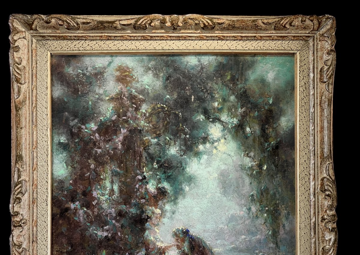 Painting / Pastel Under Glass By G. Stelly-desmoulins (19th-20th Centuries) "scene Galante"-photo-3