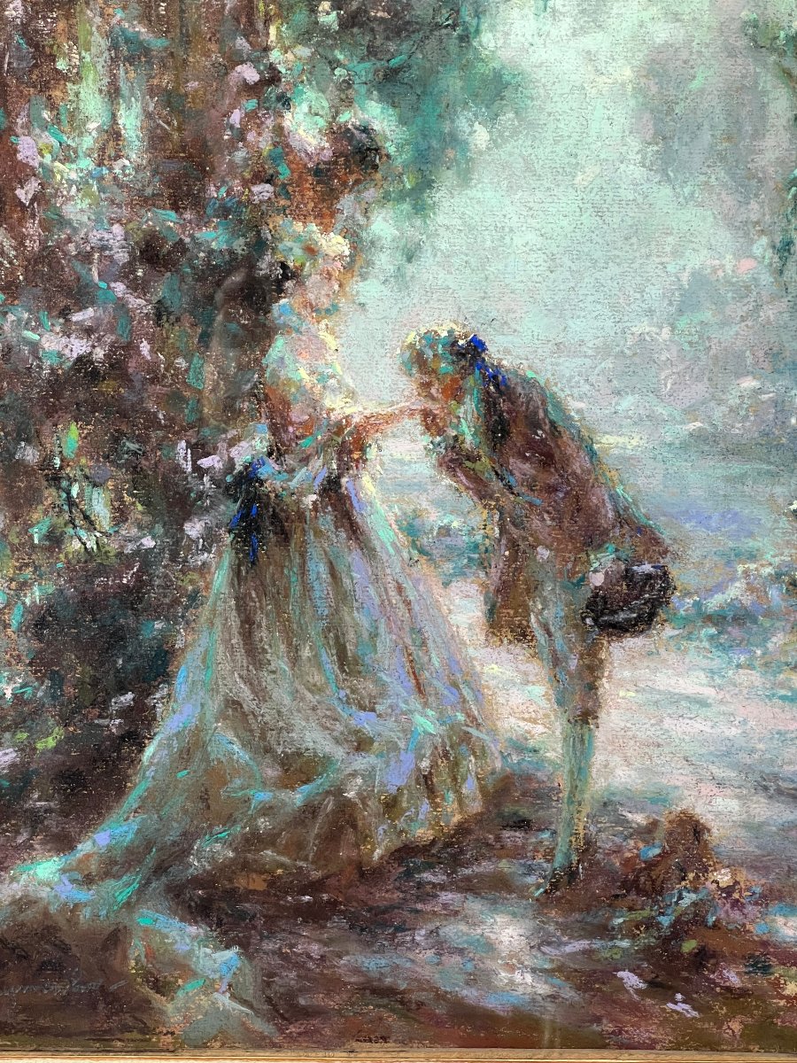 Painting / Pastel Under Glass By G. Stelly-desmoulins (19th-20th Centuries) "scene Galante"-photo-4