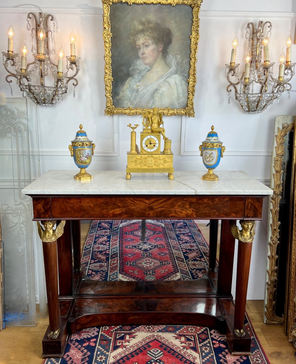 Empire Period Console Table In Mahogany Veneer And Gilt Bronze With Marble Top-photo-2