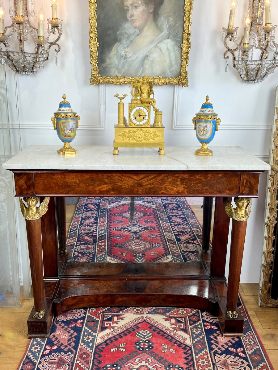 Empire Period Console Table In Mahogany Veneer And Gilt Bronze With Marble Top-photo-3