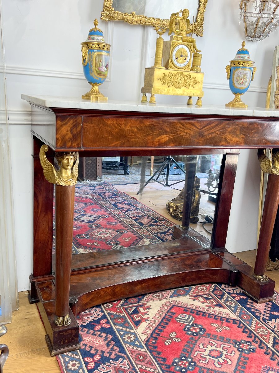 Empire Period Console Table In Mahogany Veneer And Gilt Bronze With Marble Top-photo-4
