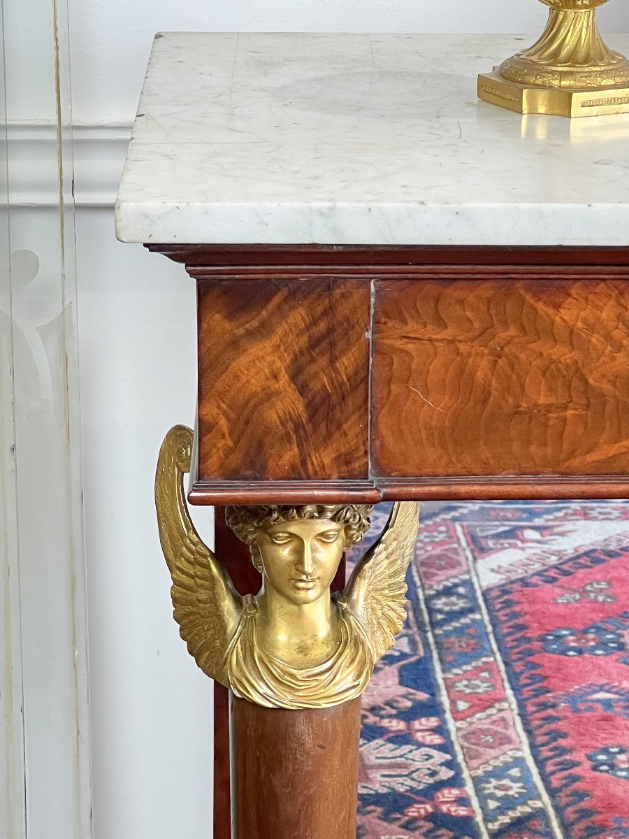Empire Period Console Table In Mahogany Veneer And Gilt Bronze With Marble Top-photo-1
