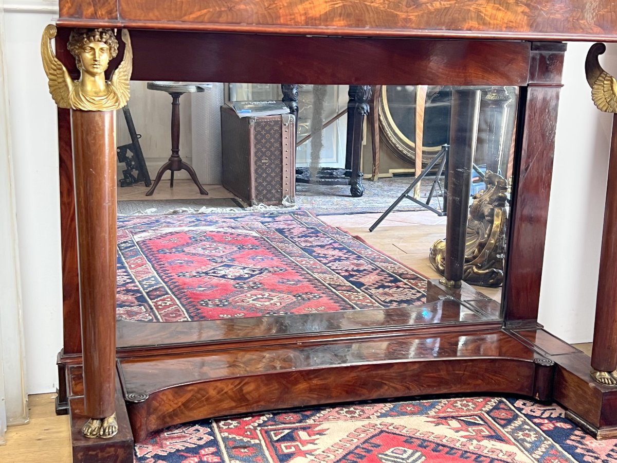 Empire Period Console Table In Mahogany Veneer And Gilt Bronze With Marble Top-photo-4