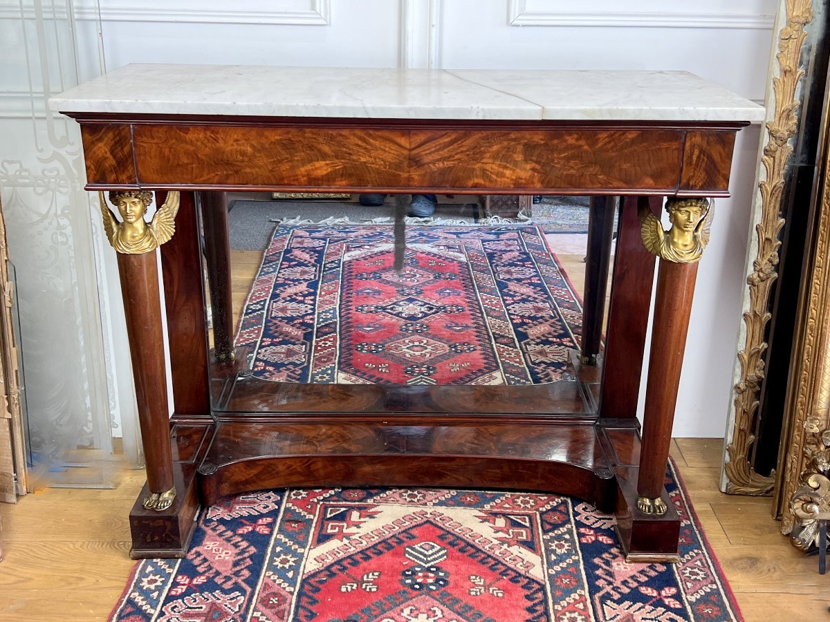 Empire Period Console Table In Mahogany Veneer And Gilt Bronze With Marble Top-photo-8