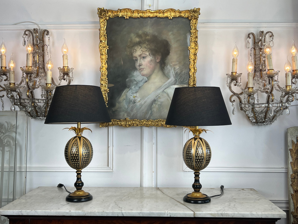 Charles House (in The Style Of) Pair Of Brass And Ostrich Egg Lamps-photo-3