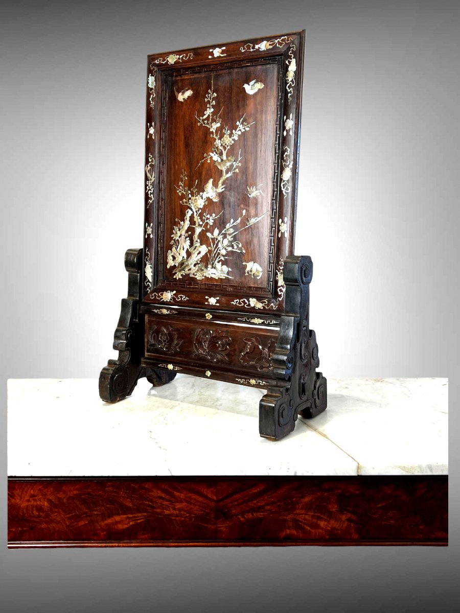Vietnam Late 19th Century / Wooden Table Screen Inlaid With Mother-of-pearl And Bird Decor-photo-2