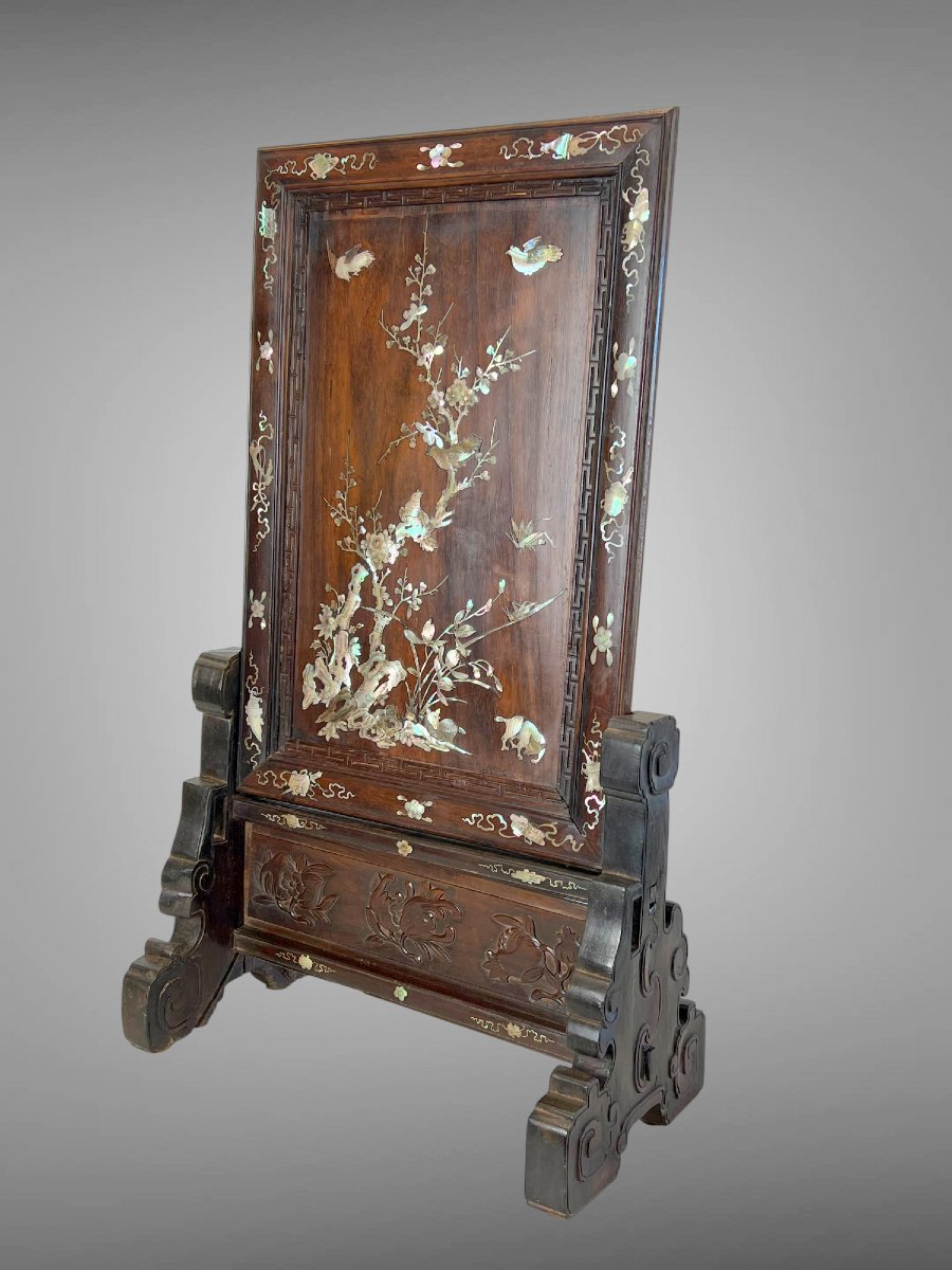 Vietnam Late 19th Century / Wooden Table Screen Inlaid With Mother-of-pearl And Bird Decor-photo-3