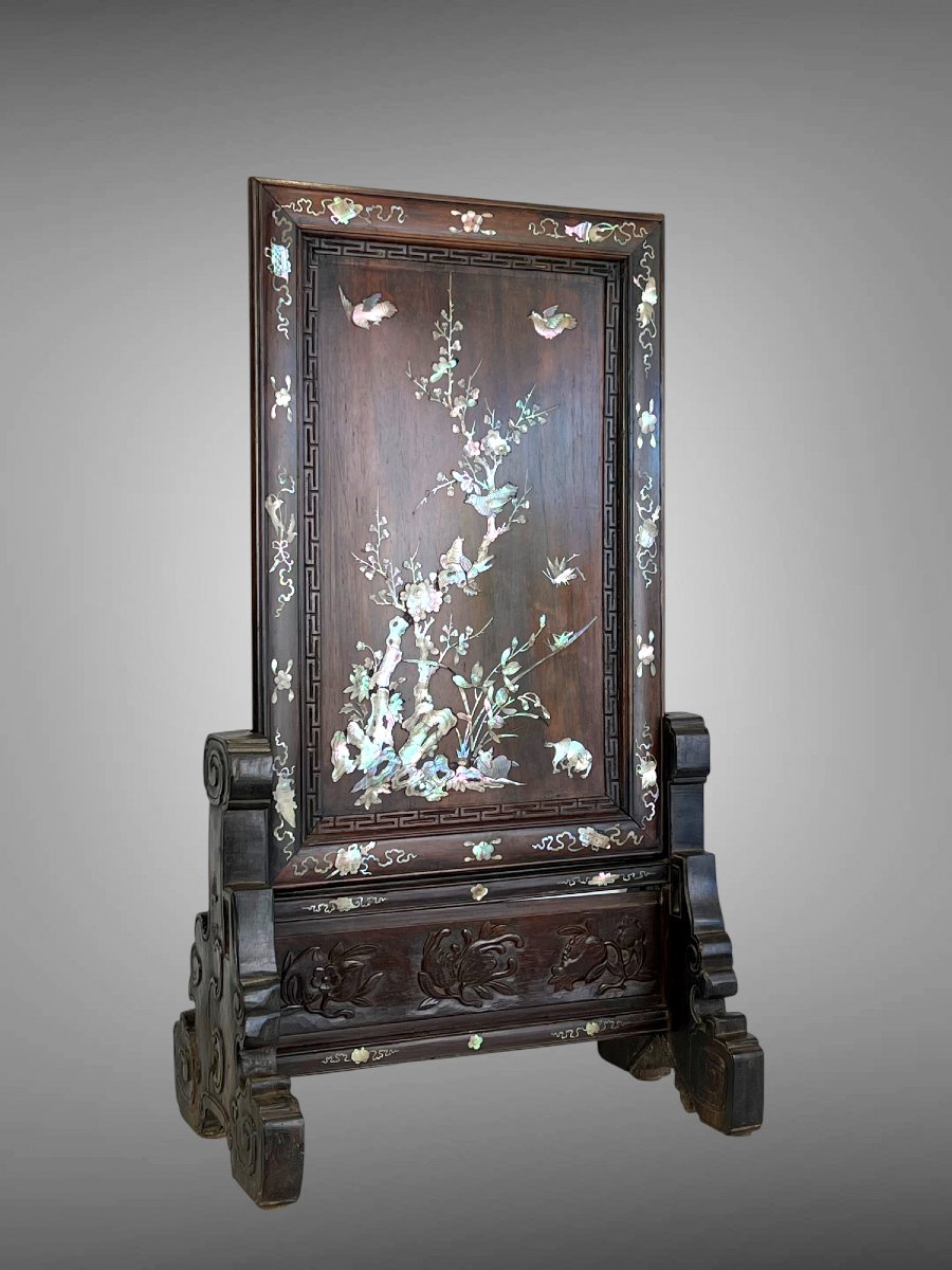 Vietnam Late 19th Century / Wooden Table Screen Inlaid With Mother-of-pearl And Bird Decor-photo-4