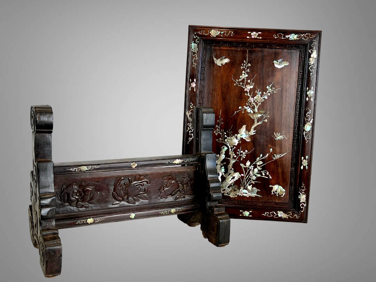 Vietnam Late 19th Century / Wooden Table Screen Inlaid With Mother-of-pearl And Bird Decor-photo-5