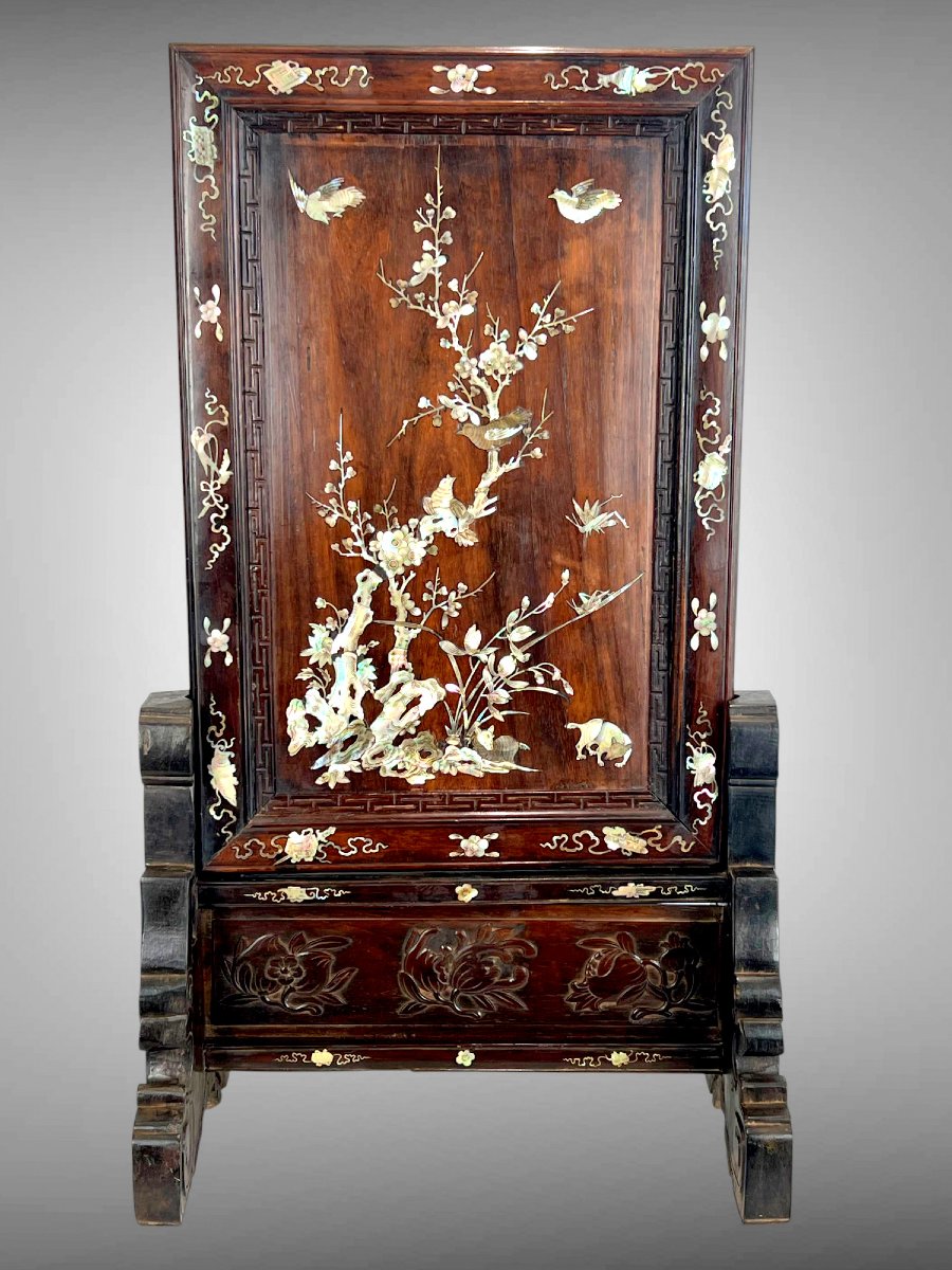 Vietnam Late 19th Century / Wooden Table Screen Inlaid With Mother-of-pearl And Bird Decor-photo-6