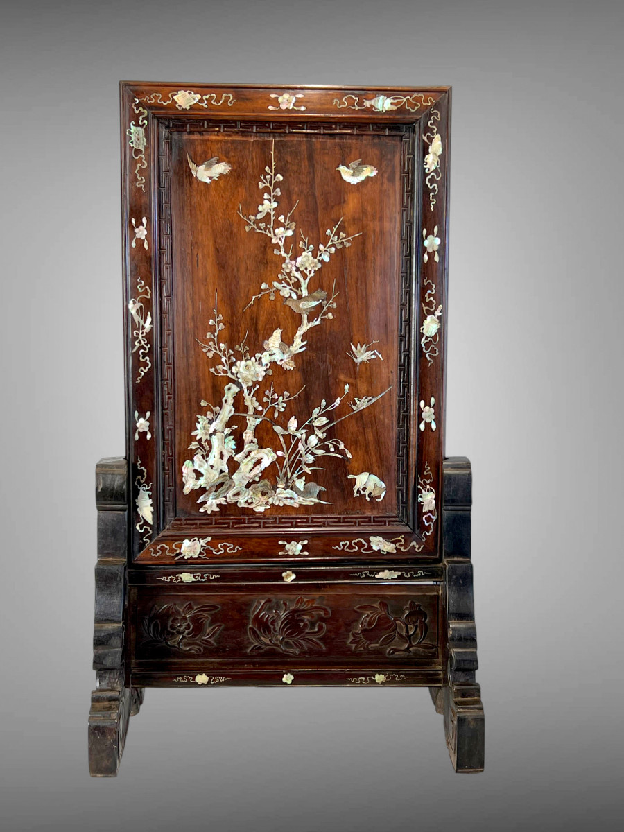 Vietnam Late 19th Century / Wooden Table Screen Inlaid With Mother-of-pearl And Bird Decor