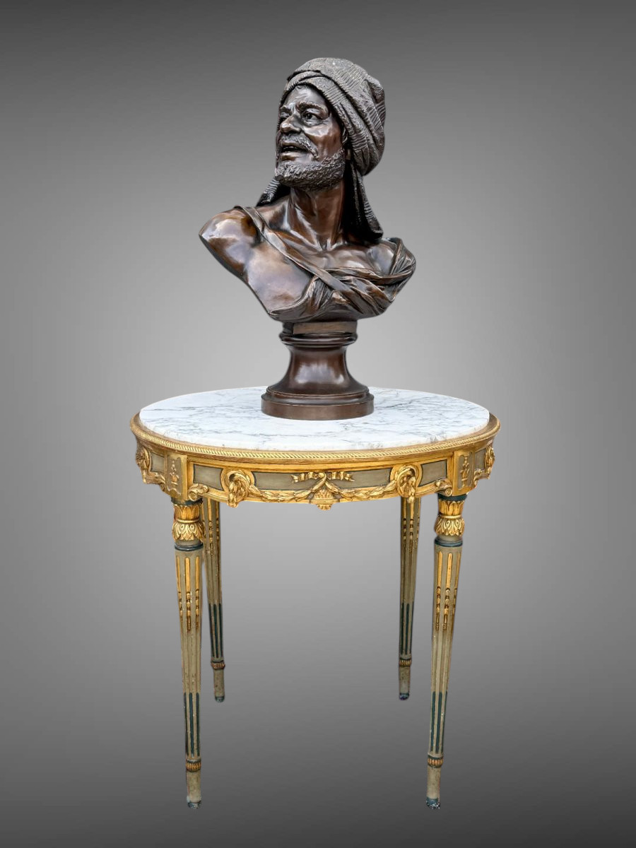 19th-century Round Gueridon In Louis XVI Style In Painted And Gilded Wood With Marble Top-photo-2