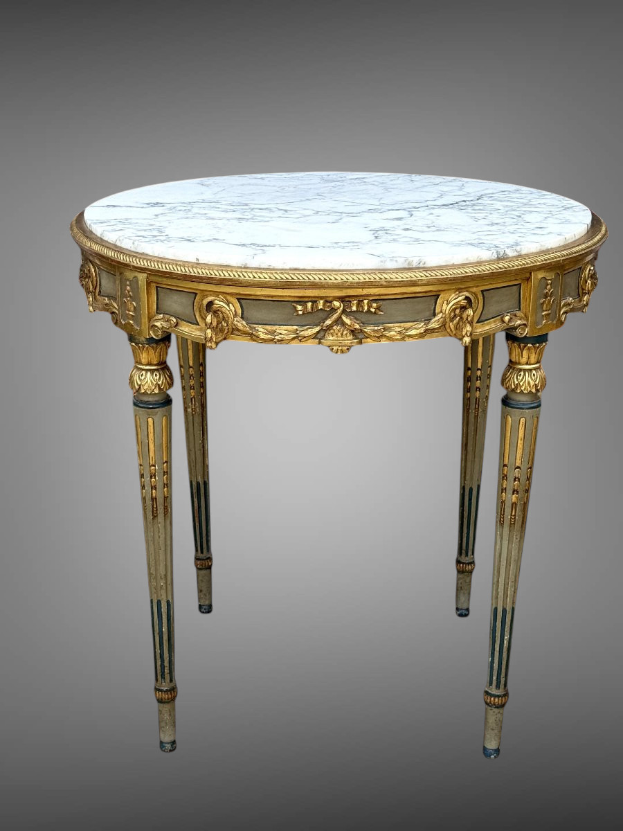 19th-century Round Gueridon In Louis XVI Style In Painted And Gilded Wood With Marble Top