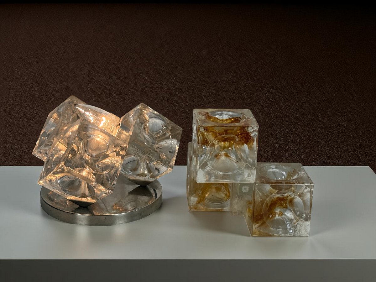 LAMPE CUBES EN VERRE DE STELLA PAR POLIARTE VERONA DESING ALBINO POLI " 1970 "-photo-5