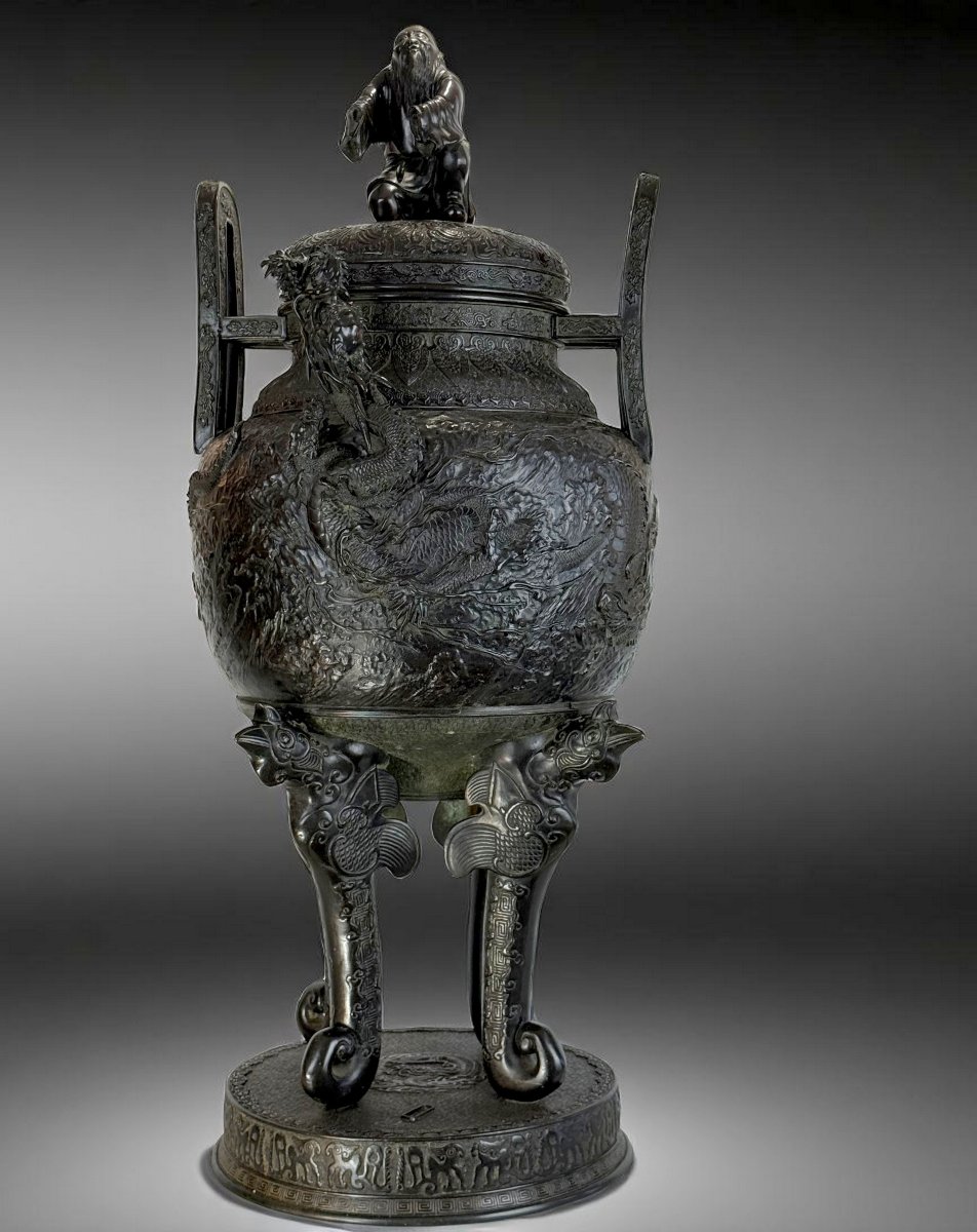 Large 90 Cm Vase In Sculpted Patinated Bronze Meiji Period Japan 19th Century (1890)-photo-2